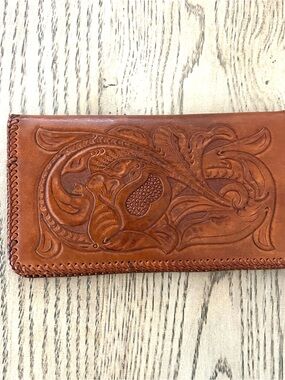 Hand Tooled Vintage Leather Embossed Checkbook Cover Brown Floral Design
